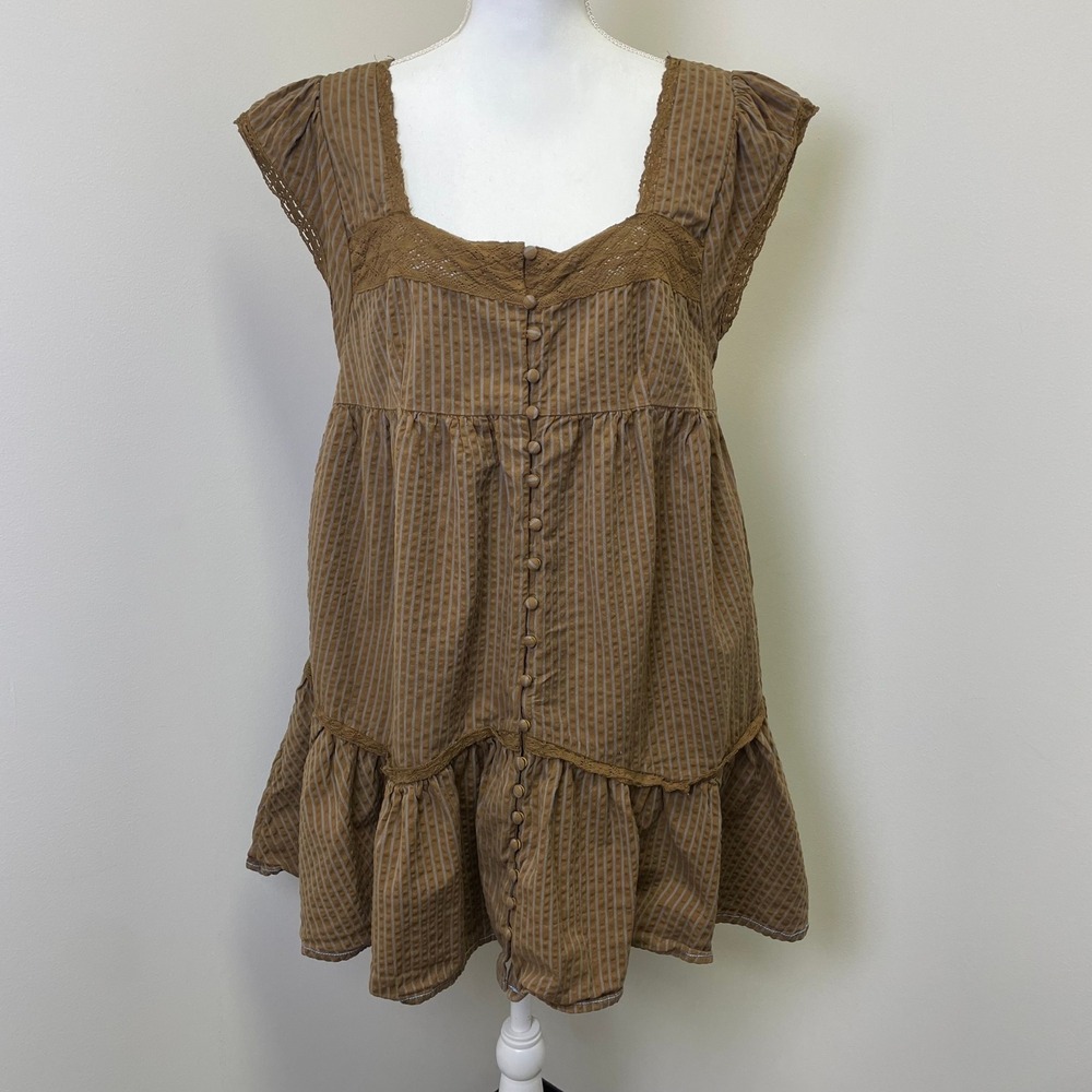 Free People Alessia Brown Striped Crochet Lace Babydoll Mini DressM Boho